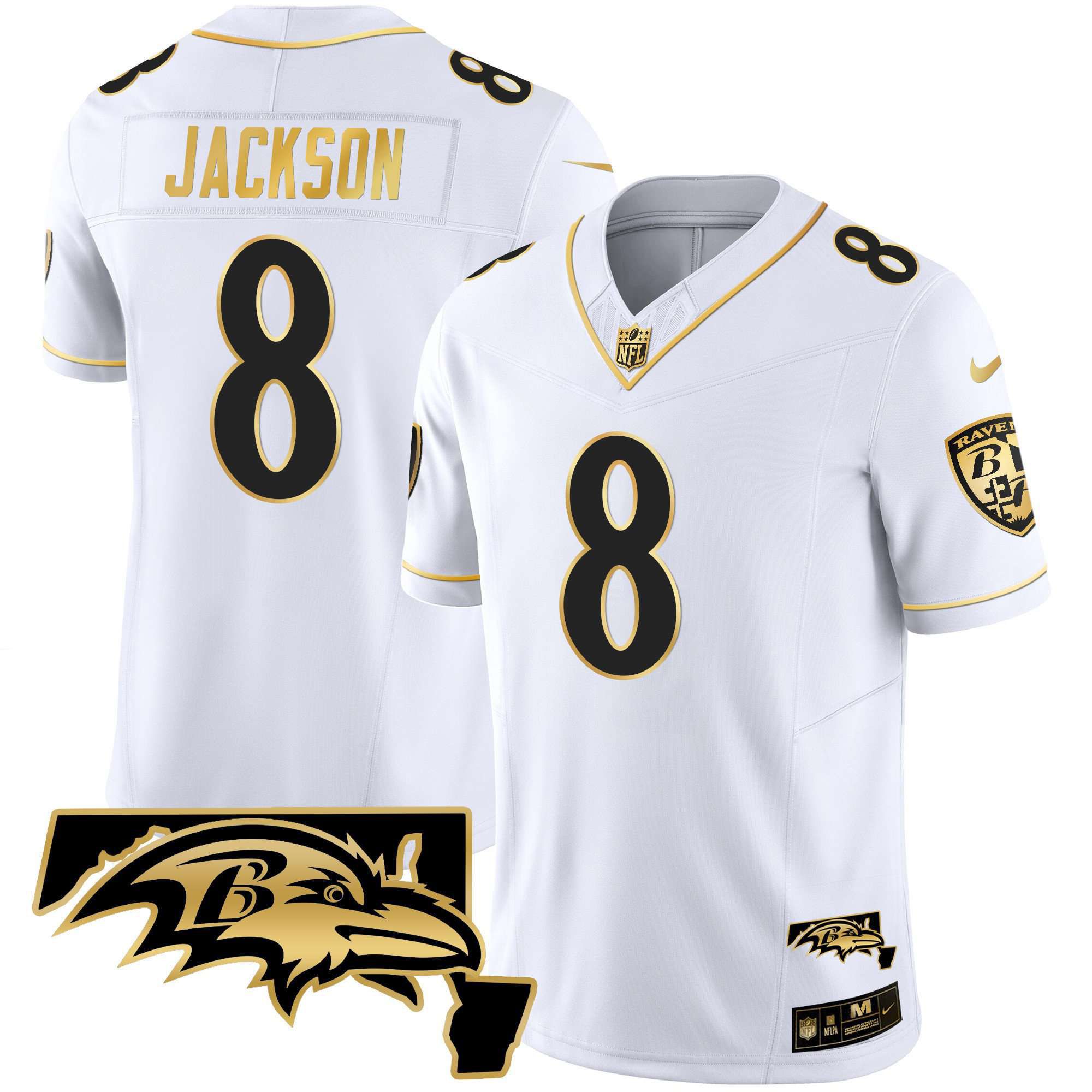 Men Baltimore Ravens #8 Jackson White Gold 2024 Nike Maryland Patch Vapor Limited NFL Jersey